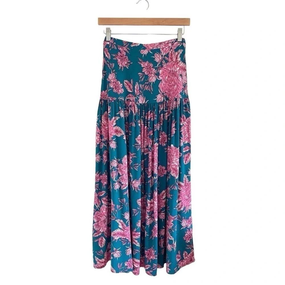 Abel The Label Bonnie Floral Boho Yoke Maxi Skirt Teal Pink Large